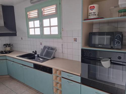 a kitchen with a sink and a microwave at Haut de Villa T3, convivial à la campagne in Saint-Joseph