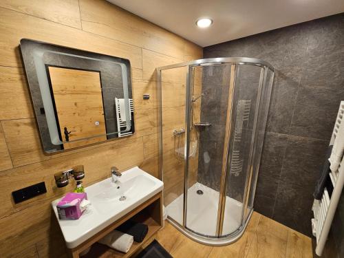a bathroom with a shower and a sink at Haus Enzian Apartments in Kartitsch
