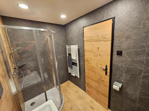 a bathroom with a shower and a glass shower backdoor at Haus Enzian Apartments in Kartitsch