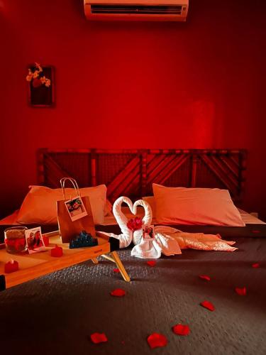 a red bedroom with a bed with hearts on the floor at Eden One in Ilhéus
