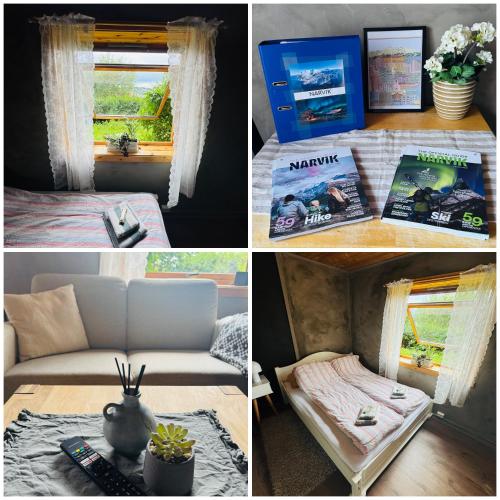 a collage of pictures with a couch and a window at Linken Studio for 2 in Narvik
