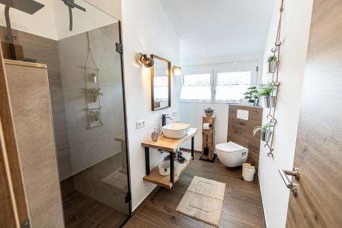 a bathroom with a sink and a toilet and a shower at Ferienbahnhof Fichtental Bahnhofs-Loft in Prackenbach