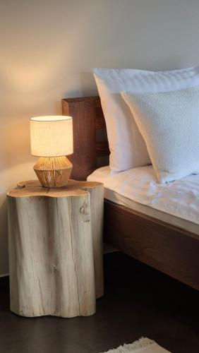 une lampe sur une table à côté d'un lit dans l'établissement Mio Apartament Z Ogródkiem Zakopane Kościelisko Free Parking, à Zakopane
