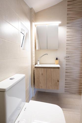 a bathroom with a white toilet and a sink at Sofia's seaview house in Platanias