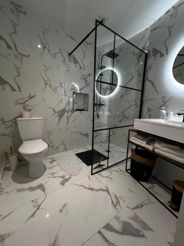 une salle de bain avec toilettes et un mur en marbre dans l'établissement Studio élégant, à La Rochelle