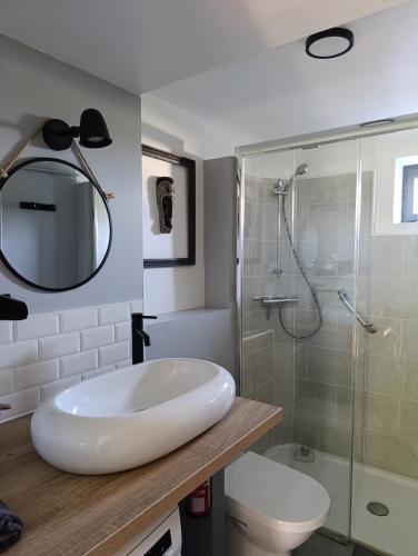 une salle de bains avec lavabo, douche et toilettes dans l'établissement L'Henridette, à Quévreville-la-Poterie