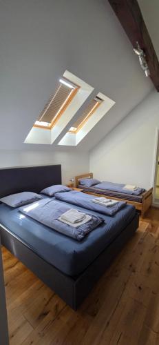 a bedroom with a large bed with blue sheets at Munich Residence in Cristian
