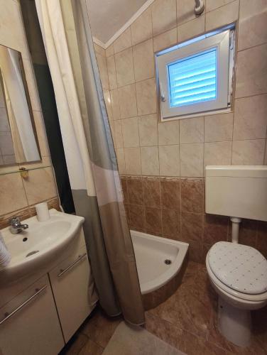 a bathroom with a sink and a toilet and a window at Apartment Vir in Vir