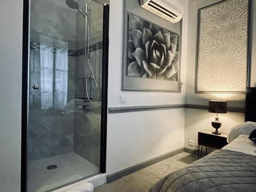 La salle de bains est pourvue d'une cabine de douche en verre. dans l'établissement L'appart du centre, à Paris