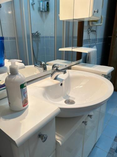 a bathroom with a sink and a bottle of soap at Apartments Stećak in Sarajevo