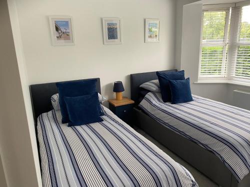 two beds with blue pillows in a bedroom at Cranbrook on the river lym walk in Uplyme in Uplyme