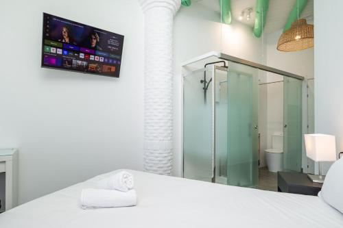 a bedroom with a glass shower and a tv on the wall at Hotel Kuve Marbella in Marbella