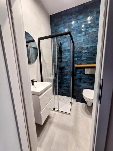 a bathroom with a toilet and a sink and a shower at Apartament w Starym Koszarowcu in Borne Sulinowo
