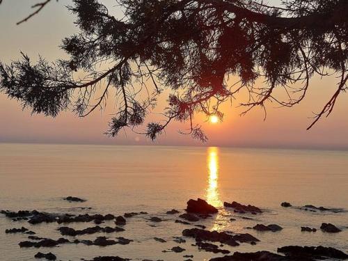 a sunset on a beach with the sun reflecting in the water at Home Green in Mògoro