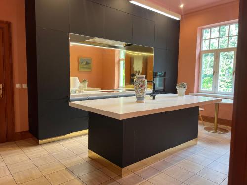 una gran cocina con una gran isla en una habitación en Villa Lumiere, en Jūrmala