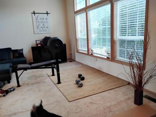 a cat sitting in a living room with ducks on the floor at Cedar River One Bedroom In A 4 Bedroom House in Renton