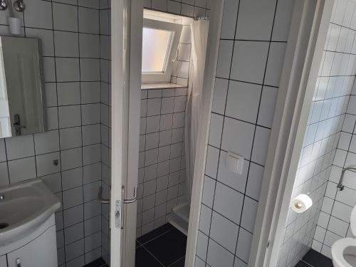 a bathroom with a shower with a sink and a toilet at Villa Balifornia in Balatonboglár