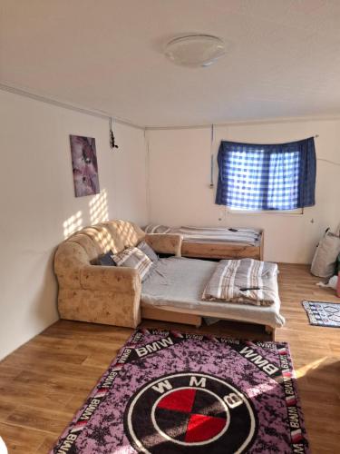 a living room with a couch and a rug at Tiszavirág Nagyhalas Horgász apartman in Tiszaújváros