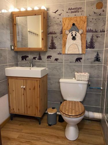 a bathroom with a toilet and a sink and a bear picture at Studio Alpin & Bien-Être in Brides-les-Bains
