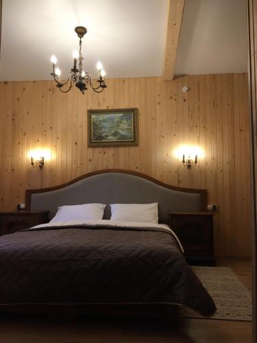 a bedroom with a large bed and a chandelier at Burger Trostyan Guest House in Slavske