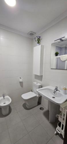 a white bathroom with a toilet and a sink at Fantástico duplex en el centro de Osuna in Osuna