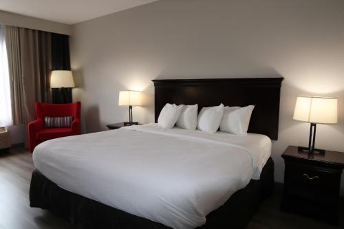 a hotel room with a large bed and a red chair at Country Inn & Suites by Radisson, Tallahassee-University Area, FL in Tallahassee