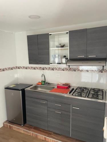 a kitchen with gray cabinets and a sink and a stove at Aparta hotel Montecristo Suites in Quimbaya