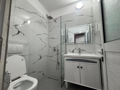 ein Badezimmer mit Toilette, Waschbecken und Spiegel in der Unterkunft Harbour View Stay in Himarë