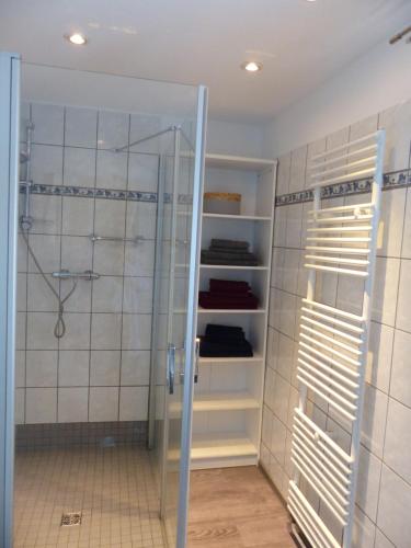 a bathroom with a shower and a glass door at Ferienwohnung Jesse in Braunlage