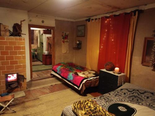 a bedroom with a bed and a tv in it at Leśna Chata Polesie 
