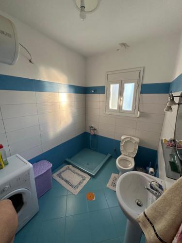 KonispolにあるTe Nana's Farmの青と白のバスルーム(洗面台、トイレ付)