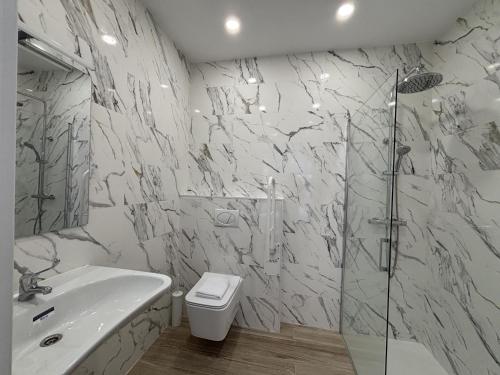 a bathroom with a shower and a toilet and a sink at Gabika Apartment 1 in Bilbao