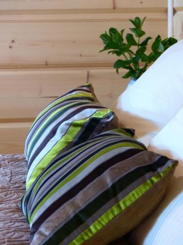 two pillows sitting on a bed with a plant at Domek pod Howyzem in Łapsze Niżne