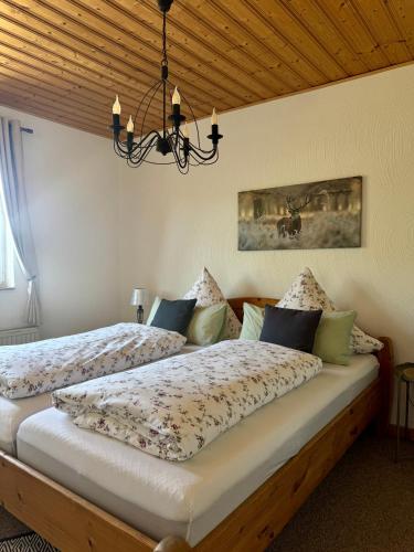 two beds in a bedroom with a chandelier at Landhaus Tannenhof in Lind