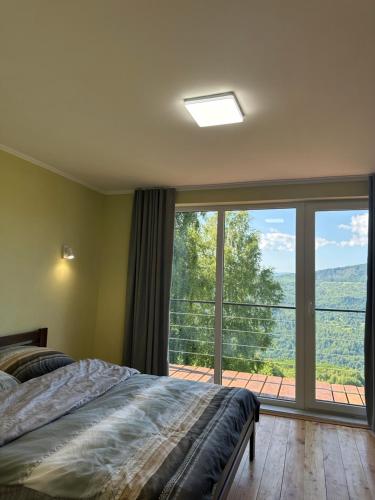 a bedroom with a bed and a large window at Vista Krasiya in Vyshka