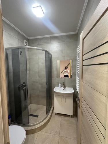 a bathroom with a shower and a sink at Vista Krasiya in Vyshka