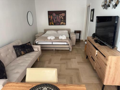 a living room with a couch and a flat screen tv at Le Nid Douillet du Carré d'OR in Antibes