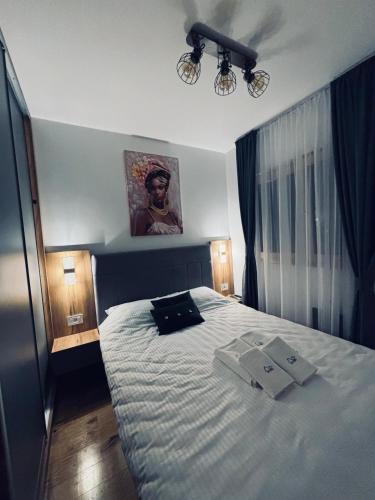 a bedroom with a bed with two bags on it at Davos in Zlatibor