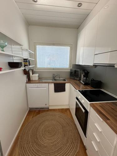 a small kitchen with white cabinets and a rug at Virpiniemen Maston Villa, Oulu in Oulu