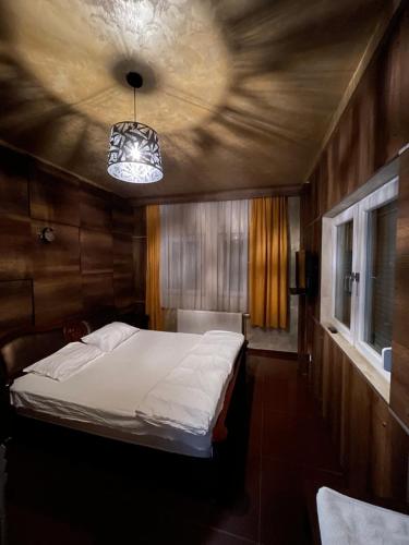 a bedroom with a bed and a chandelier at Hotel Iliria in Orllan