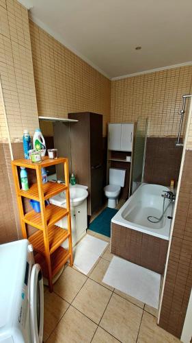 a bathroom with a tub and a toilet and a sink at Suite Diamant - Chic & Lumineux in Brussels