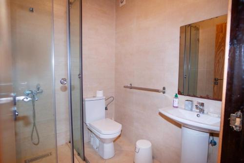 a bathroom with a shower and a toilet and a sink at Chez Dany à Residence Beralmar in Asilah