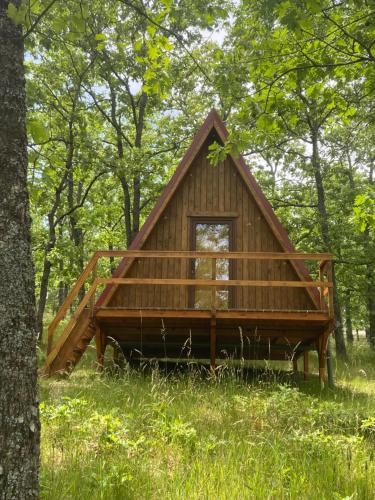 a small wooden cabin in the middle of a forest at El Roble Glamping - Cabaña Alpina - Pet Friendly in Lagunilla