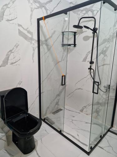 a shower with a black toilet and a glass door at Résidence Somia Plage in Fnidek