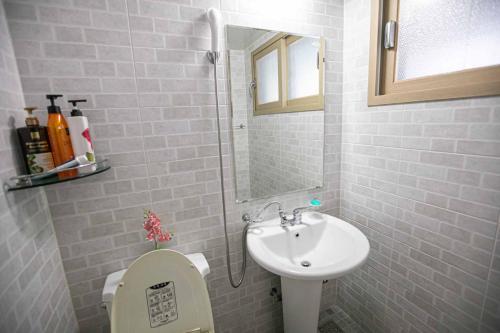 a bathroom with a sink and a toilet and a mirror at Jirisan One Night Two Days Pension in Gurye