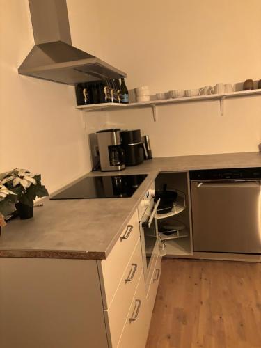 uma cozinha com um balcão e um fogão forno superior em Nya 1or 2or i centrala Halmstad em Halmstad