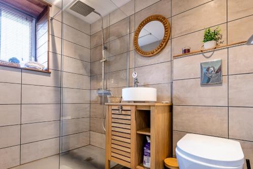 a bathroom with a toilet and a mirror at Maison - Spa - Parking - Jardin - 7p in Vertou