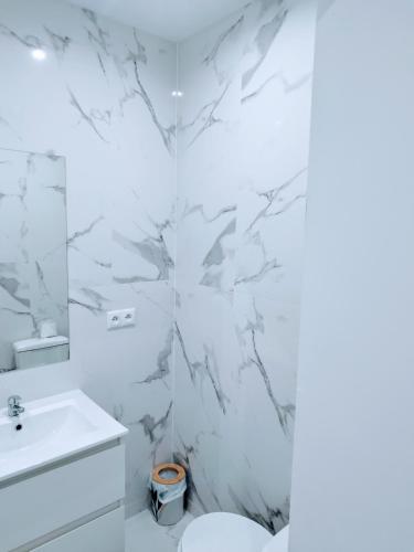 a white bathroom with a toilet and a sink at Des studios idéaux pour les professionnels tramway devant l'immeuble in La Courneuve