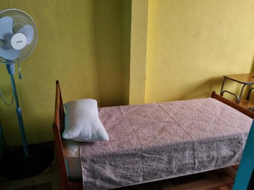 a bedroom with a bed with a pillow and a fan at complejo lo de Elvira in Miramar