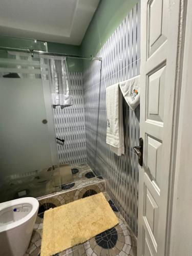a bathroom with a shower and a sink and a toilet at Arek Condos Accra in Sotuom